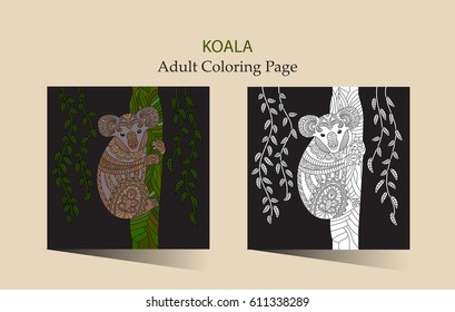 Hand drawn vector zentangle coloring page for adults with cute koala. Cute animal card.