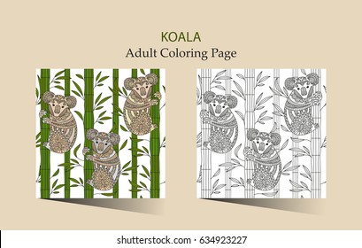 Hand drawn vector zentangle coloring page for adults with cute koala. Cute animal seamless patterns.
