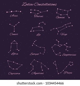 Hand drawn vector zodiac constellations: aries, taurus, gemini, cancer, leo, virgo, libra, scorpio, sagittarius, capricorn, aquarius and pisces.