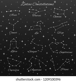 Hand drawn vector zodiac constellations set of 12 signs: aries, taurus, gemini, cancer, leo, virgo, libra, scorpio, sagittarius, capricorn, aquarius and pisces  isolated on the dark background. 