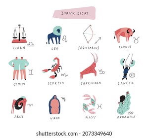 Hand drawn vector zodiac signs with titles. Cartoon style horoscope symbols