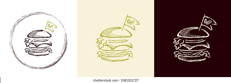 Hand drawn vectorized burger. Authentic and textured food. Organic, healthy, vegetarian and vegan tasty food concept.
Can be used as a logo, icon or illustration.  