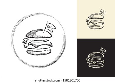 Hand drawn vectorized burger. Authentic and textured food. Organic, healthy, vegetarian and vegan tasty food concept.
Can be used as a logo, icon or illustration.  