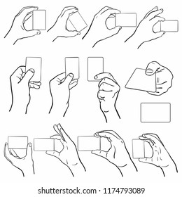 hand drawn vectorized men's hands holding a credit card or identity card in different positions. from the front, from the side and from the back in black and white. Outline, doodle art.