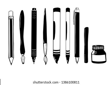 Hand Drawn Vectors Of A Pencil, Fountain Pen, Paint Brush, Pen, Technical Pencil, Ink, Drawing Pen And Permanent Markers. The Things Every Artist Needs In Life!