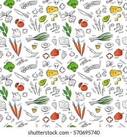 Hand drawn vectorseamless pattern  with vegetables, cheese, seafood etc. Perfect for restaurant brochure, cafe flyer, delivery menu