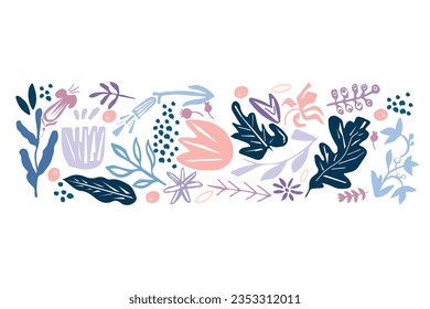 Hand drawn vectro blue pink violet ornamental elements in papercut style. Botanical elements for background packaging cards wallpaper social media