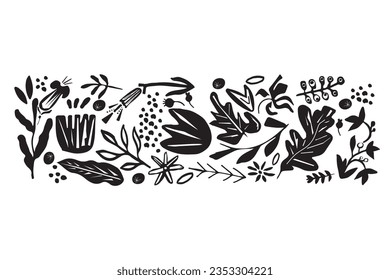 Hand drawn vectror black ornamental elements in papercut stylr. Botanical elements for background packaging cards wallpaper social media