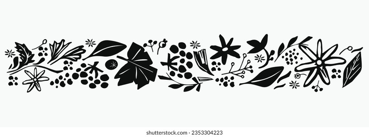 Hand drawn vectror black ornamental elements in papercut stylr. Botanical elements for background packaging cards wallpaper social media