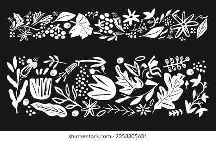 Hand drawn vectror white ornamental elements in papercut stylr with black background. Botanical elements for background packaging cards wallpaper social media