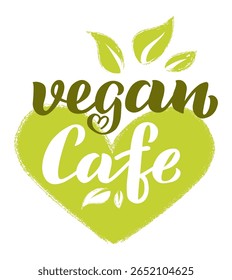 Hand drawn vegan cafe logo promoting a healthy lifestyle with a green heart and leaves, perfect for businesses catering to vegan and vegetarian diets