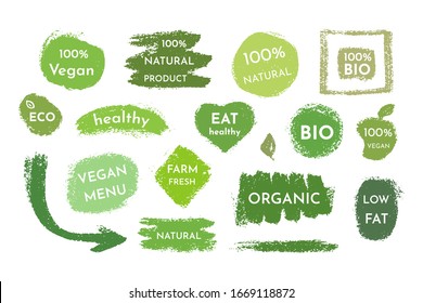 Hand drawn vegan food labels and tags vector collection. Eco, bio, organic, fresh, healthy, 100 natural, food, raw product.