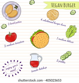 Hand drawn vegan recipe card with ingredients. Tasty vegan dishes. Vegan recipe card.
Vegan burger.