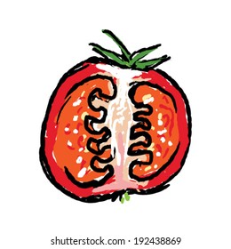A hand drawn vegetable - cut tomato.