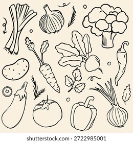 Handgezeichnetes Gemüse-Doodle-Set mit Zwiebelrübe Knoblauch Aubergine Karotte Kartoffel Pfeffer und Brokkoli