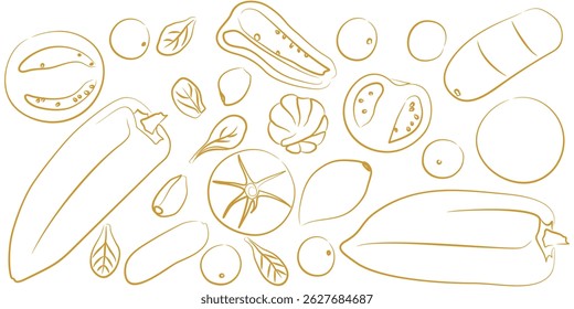 Hand Drawn Vegetable and Food Elements Line Art in Yellow