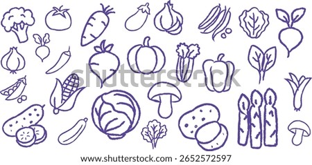 Hand drawn vegetable icon doodle set with tomato, broccoli, onion, carrot, mushroom, corn, lettuce, pepper, spinach, garlic, pumpkin, asparagus. Organic healthy food illustration for menu, farm, diet.