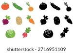 Hand drawn vegetable icons set in color and silhouette styles