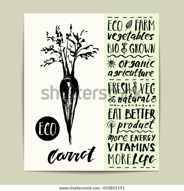 Hand drawn\
vegetable label with ink lettering for organic farm carrot. Eco,\
bio, healthy, natural, with love\
labels.