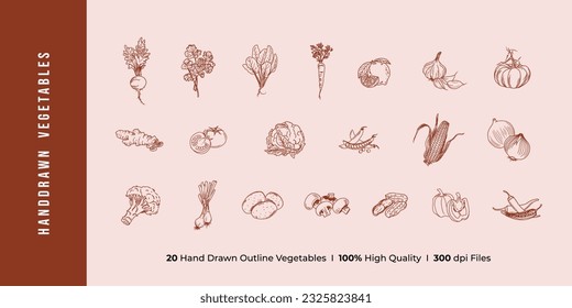 Hand drawn vegetable outline vector illustrations for brochure, cafe flyer, delivery and restaurant menu.