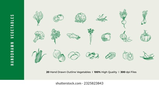 Hand drawn vegetable outline vector illustrations for brochure, cafe flyer, delivery and restaurant menu.