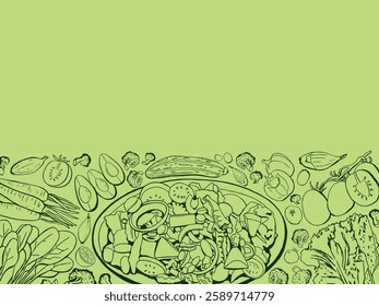 Hand Drawn Vegetable Salad Background, Vector Doodle Banner