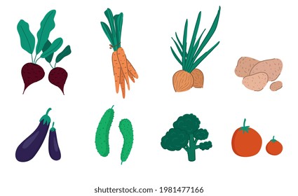 Hand drawn vegetable set. Cartoon style vector illustration isolated on white background. Fresh, organic, healthy food.
