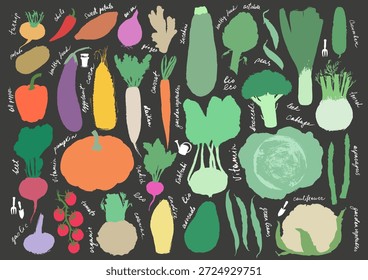 Handgezeichnete Gemüse Silhouetten Set. Tomate, Gurke, Paprika, Zucchini, Kürbis, Butternut, Squash, Mais, Zwiebel, Rettich, Kartoffel, grüne Bohnen, Spargel, Artischocke, Kohl, Kohlrabi. Für Lebensmittelhintergrund, vegetarische Speisekarte, Etiketten, Rezeptkarten.