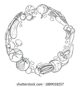 Hand drawn vegetable wreath on white background. Vector sketch  illustration. 