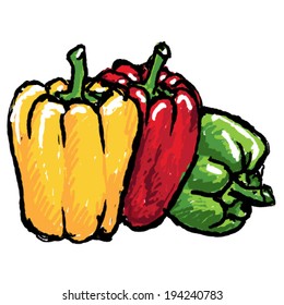 Hand drawn vegetable - yellow, red and green capsicums/bell peppers..