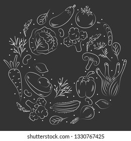 Hand drawn vegetables background. Sketch style vector set. Illustration isolated on black background. Linear graphic. Chalk board.