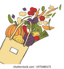 Hand drawn vegetables in  bag on white background. Vector sketch  illustration. 