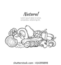Hand drawn vegetables banner with tomato, avocado, artichoke, mushroom, peppers, broccoli. Vector illustration vegetables in old ink style.