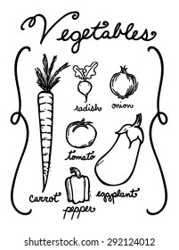 Hand drawn vegetables in black and white.  Includes carrot, radish, onion, tomato, pepper, and eggplant as well as hand written names.