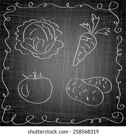 Hand drawn vegetables: cabbage, potato, tomato, carrot on  blackboard. Retro vintage style food design. Vector illustration.