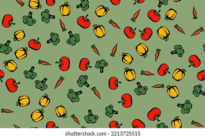 hand drawn vegetables. carrots, tomatoes, peppers and broccoli. seamless pattern on green background
