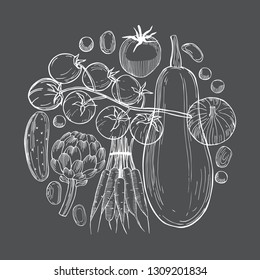 Hand drawn vegetables in a circle  on dark  background.   Vector sketch  illustration.