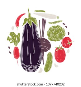 Hand drawn vegetables in a circle on white background. Vector sketch  illustration.