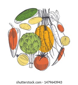 Hand drawn vegetables in a circle on white background. Vector sketch  illustration.   