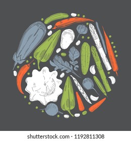 Hand drawn vegetables  in the circle. Vector illustration.