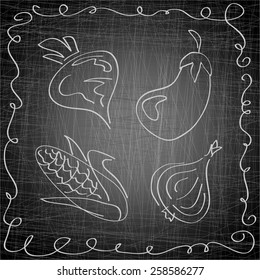 Hand drawn vegetables: corn, onion, eggplant, beet on  blackboard. Retro vintage style food design. Vector illustration.