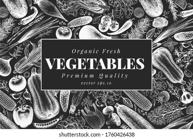 Hand drawn vegetables design template. Vector veggie illustrations on chalk board. Vintage food background