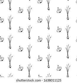Hand drawn vegetables doodle set. Seamless pattern. Vector illustration.