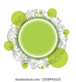 Hand drawn vegetables food round template your text. Vector illustration in black lines on white. Broccoli, onion, leek, tomato, garlic, carrots, pears, bell peppers, asparagus for farm market