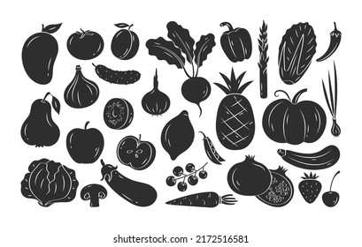 Hand drawn vegetables, fruits and berries. Vector set of silhouettes sketch food isolated on white background. Healthy lifestyle concept. Icons with apple, lemon, tomato, pineapple, strawberry, beet