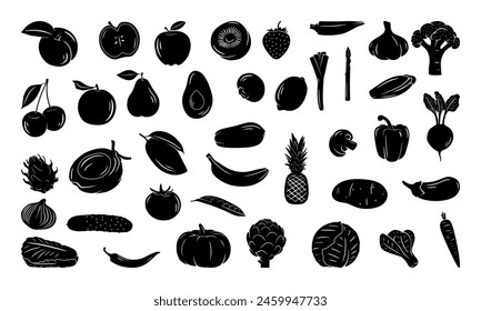 Verduras, frutas y bayas hechas a mano. Vector conjunto de siluetas boceto de alimentos aislados sobre fondo blanco. Concepto de estilo de vida saludable. Iconos con manzana, limón, tomate, piña, fresa, remolacha