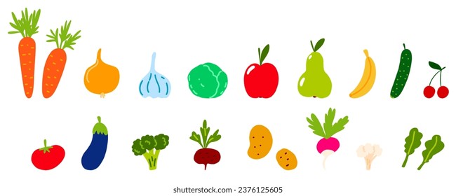 Hand drawn vegetables and fruits. Healthy nutrition. Fiber, vitamins and minerals. Veganism and vegetarianism. Eggplant, apple, cabbage, cauliflower, carrot stock vector illustration isolated on white