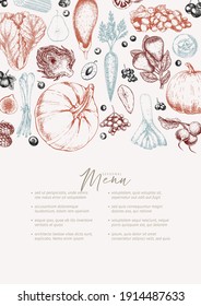 Handgezogenes Gemüse und Obst. Vektorpuppen, Birnen, Apfel, Artischocken, Pflaumen, Trauben, Tomaten, Zwiebeln, Heiterkeit, Stachelbeere Gravur-Illustration Menü Vorlage Flyer Restaurant Design