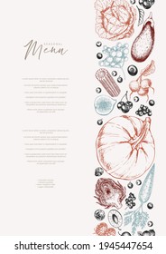 Handgezogenes Gemüse und Obst. Vektorpuppen, Birnen, Apfel, Artischocken, Pflaumen, Trauben, Tomaten, Zwiebeln, Heiterkeit, Stachelbeere Gravur-Illustration Menü Vorlage Flyer Restaurant Design