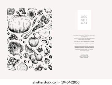 Hand drawn vegetables and fruits. Vector pupkin, pear,apple, artichoke, plum, grape, tomato, onion, cheery, gooseberry blackberry Engraved illustration Menu template flyer restaurant design